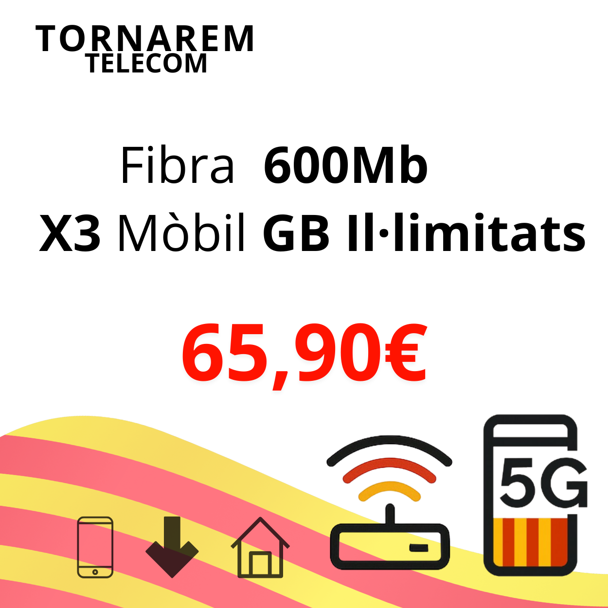 Fibra 600 Mb + 3 línias mòbils GB Il·limitades + Fix