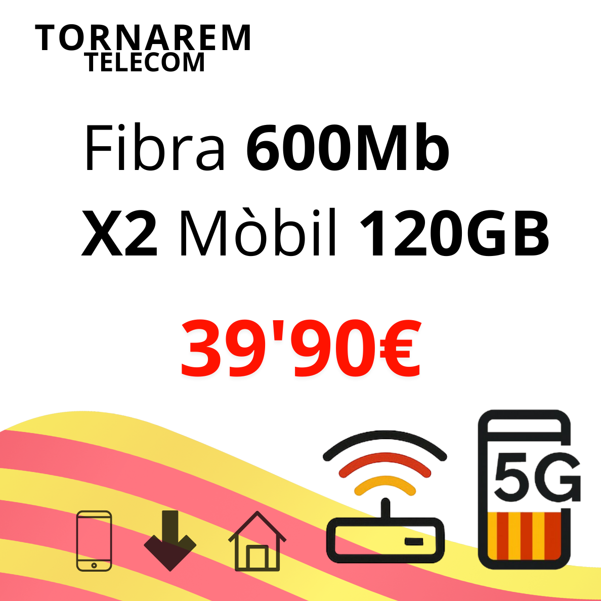 Fibra 600 Mb + 2 línias mòbils amb 60 GB cadascuna + Fix