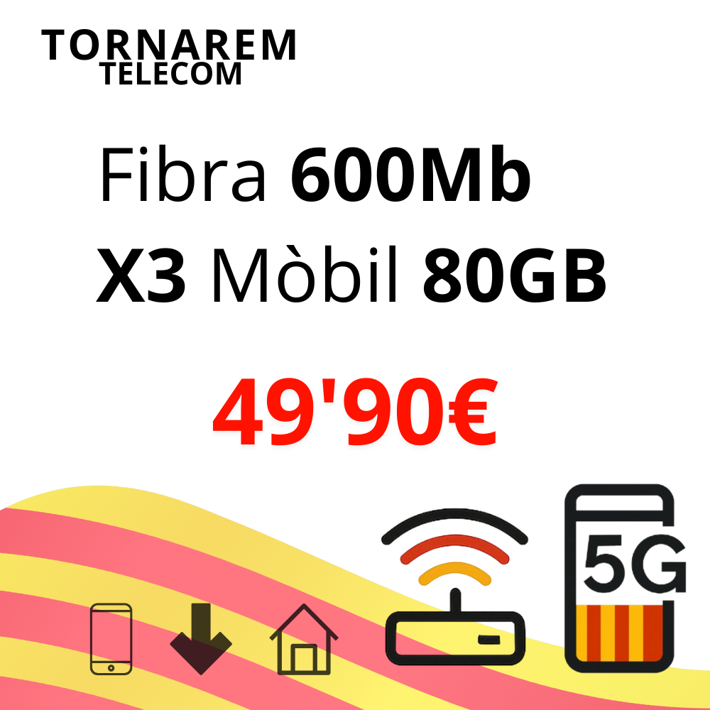 Fibra 600 Mb + 3 línies mòbil amb 80 GB + Fix
